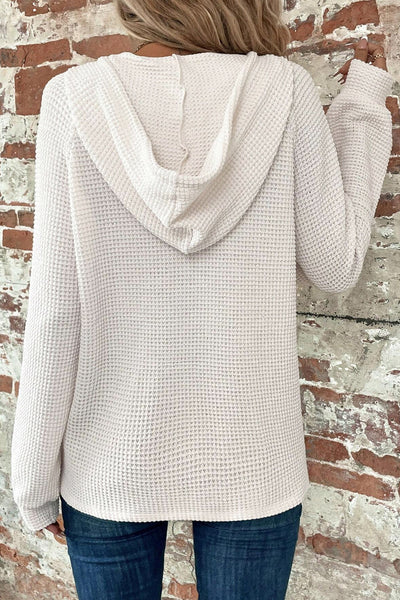 Cozy Women's White Thermal Waffle Knit Hoodie with Drawstring, Button V-Neck, and Relaxed Fit for Ultimate Comfort