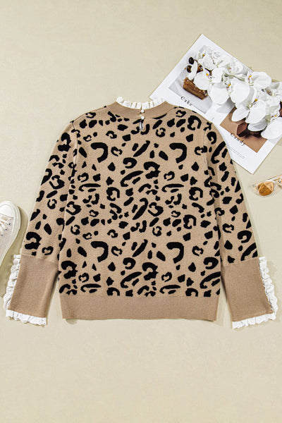women's trendy plus size women's brown leopard knit sweater with lacy trim and cuffed sleeves for a chic look with practical styling and dependable
