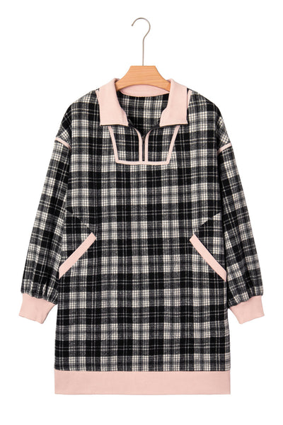 Women's Black Plaid Zip-Front Mini Dress with Pink Contrast Trim
