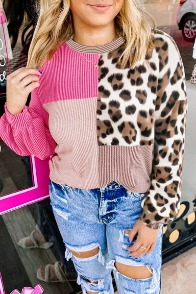 Women's Rose Pink Leopard Colorblock Plus Size Top