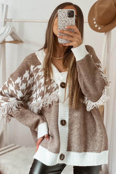 Chic Women's Khaki Houndstooth Color Block V-Neck Cardigan with Raw Edge & Button Front for Trendy Layering