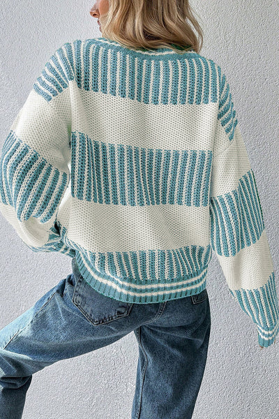 Light Blue Two-Tone Striped Patchwork Oversized Sweater for Women Cozy Drop Shoulder Style for Casual Chic Looks