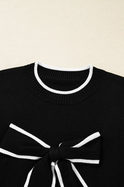 Women's Black Cropped Sweater with Bow Detail and Contrast Trim for Chic Holiday Style and Cozy Comfort