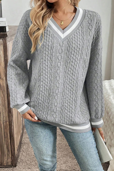 Cozy Women's Gray Cable Knit V-Neck Sweatshirt with Striped Drop Shoulders - Stylish Casual Wear Essential