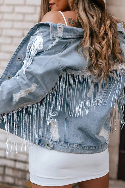 Women's Sky Blue Sequin Fringe Distressed Denim Jacket