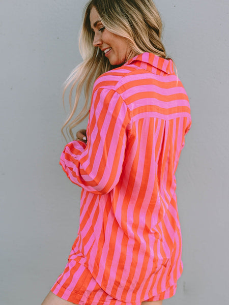 Orange Stripe Print Shirt and Shorts Lounge Set