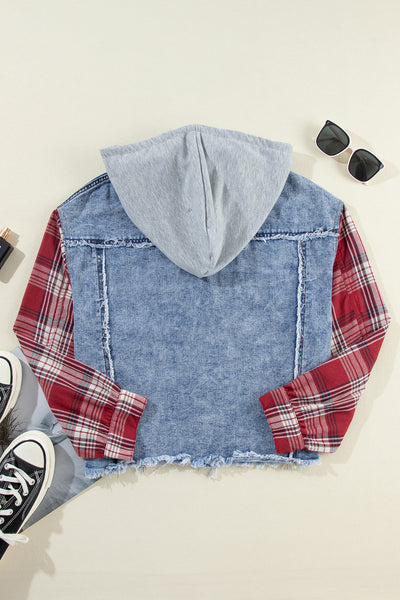 Women's Casual Beau Blue Plaid Denim Jacket with Hood and Raw Hem - Trendy Patchwork Style for Everyday Wear