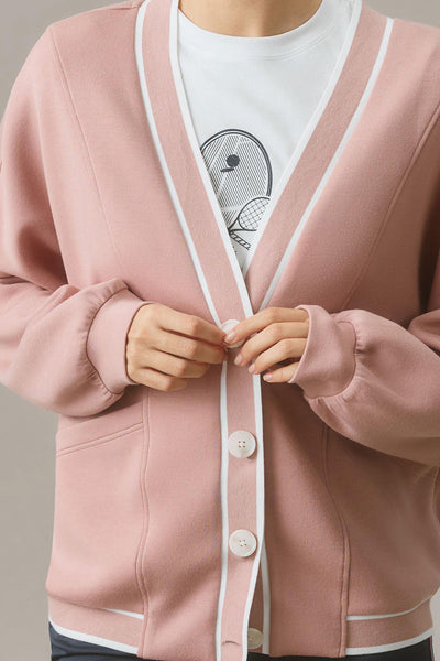 Women's Pink Striped Knit Cardigan with Contrast Trim, V-Neck, Button Front, and Pocket - Stylish & Cozy Layering Piece