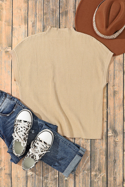 Cozy Women's Oatmeal Ribbed Knit Short Sleeve Sweater with Pockets - Casual Everyday Style for Effortless Comfort