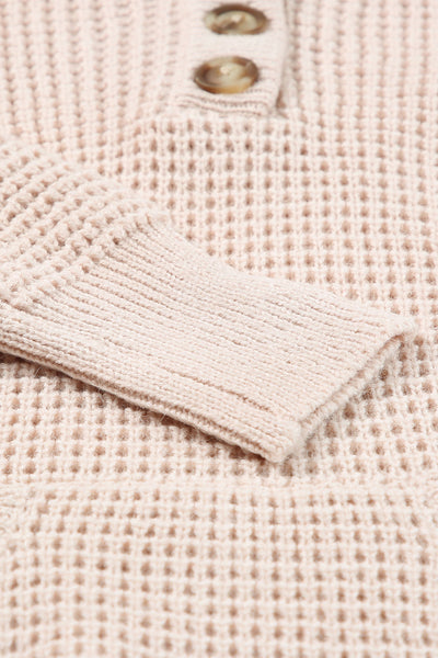 Apricot Hooded Waffle Knit Sweater with Button-Up Front Pocket