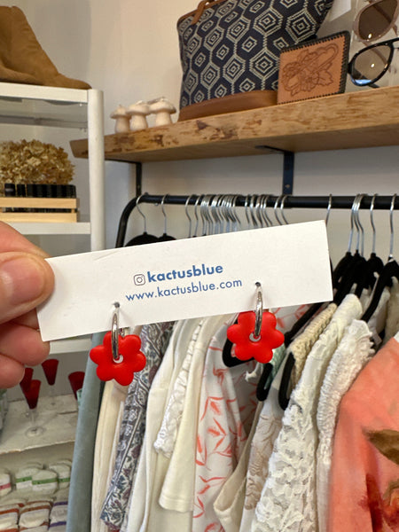 Kactus Blue Red Flower Handmade Clay Earrings