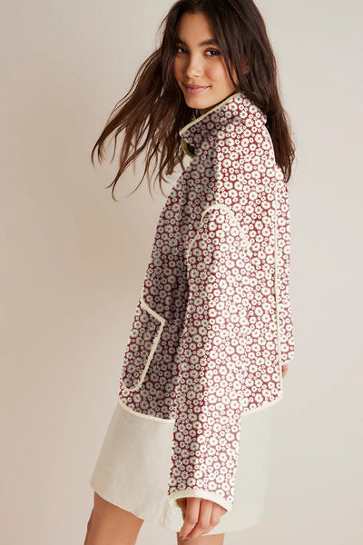 Women's Pink Floral Print Jacket with Contrast Edges, Stand Neck, and Pockets - Stylish & Functional Outerwear