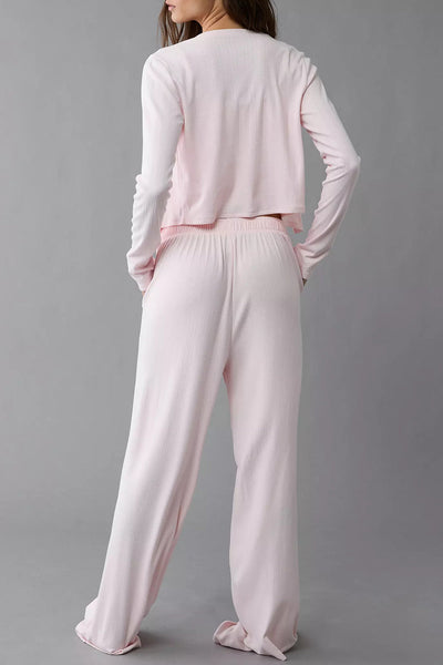 Women's Light Pink Cozy 3-Piece Textured Knit Lounge Set for Relaxed Comfort and Chic Homewear Style