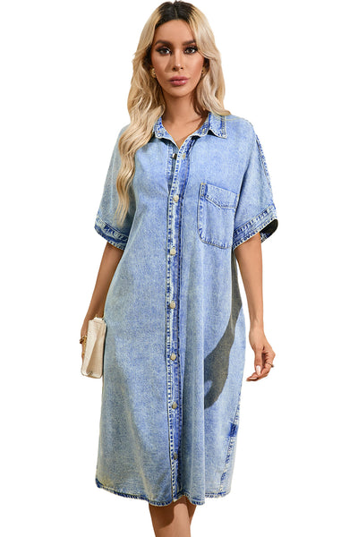 Women's Retro Short Sleeve Denim Midi Shirt Dress