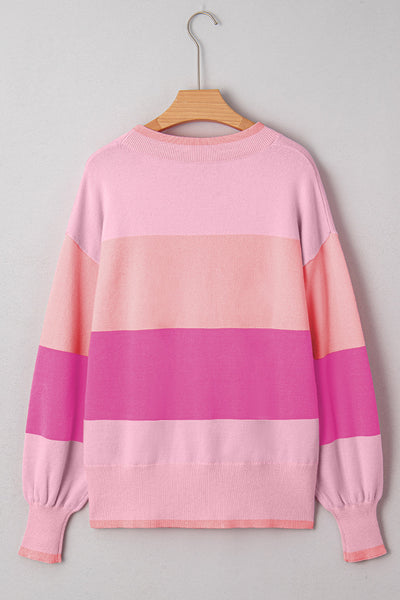 Cozy Women's Pink Sequined Color Block Crew Neck Sweater - Festive HOLLY JOLLY Style for Holiday Fashion