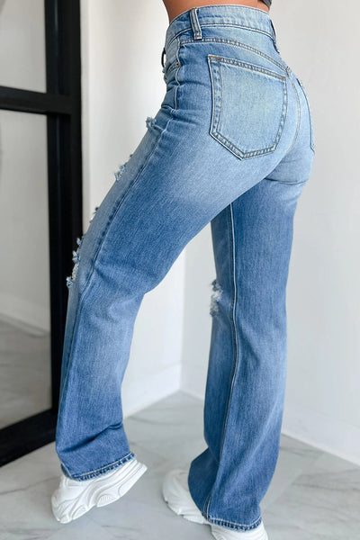 Chic Women's Classic Blue Mid Rise Distressed Straight Leg Jeans for Everyday Comfort and Style