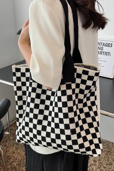 Women's Black and White Checkered Knit Shoulder Tote Bag
