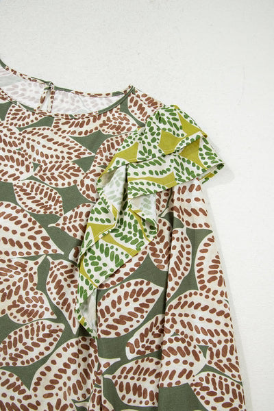 Women's Stylish Green Abstract Leaf Print Long Sleeve Blouse with Ruffle Trim - Trendy Top for Every Occasion