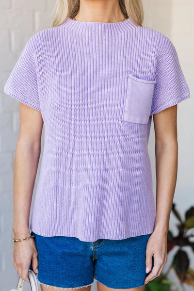 Relaxed Fit Women's Lavender Ribbed Knit Short Sleeve Sweater with Pockets - Casual Mineral Wash Style