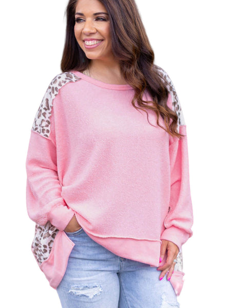 Pink Leopard Patchwork Plus Size Sweatshirt with Exposed Seams
