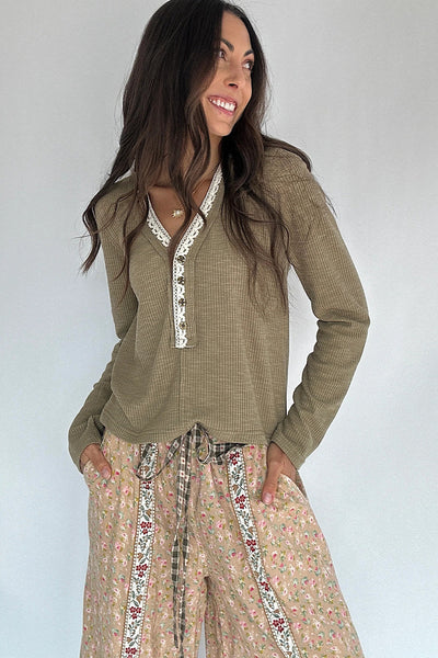 Sage Green Ribbed Knit Long Sleeve Pullover Top with Lace Trim and V-Neck for Women Stylish and Comfortable Fit