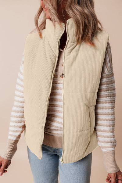 Women's Beige Corduroy Stand Neck Puffer Vest with Zipper