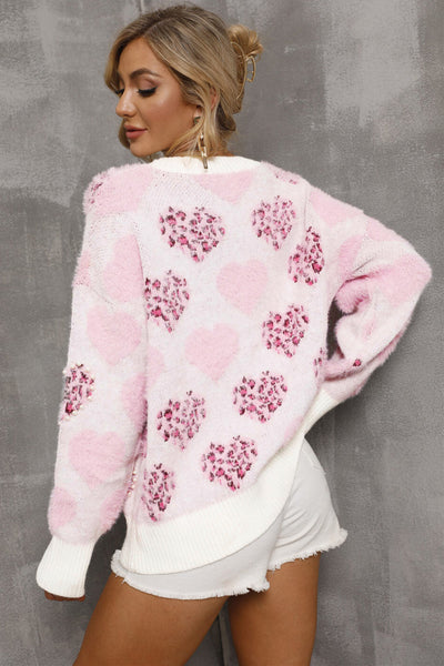 Cozy Women's Pink Heart Leopard Print Sweater with Pearled Ribbed Trim - Stylish Fuzzy Knit for Casual Outings