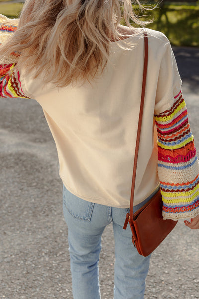 Beige Women's Casual Chic Round Neck Knit Top with Colorful Patchwork and Stylish Sleeves for Effortless Style