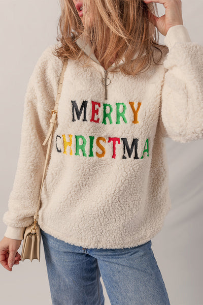 Cozy Women's Jet Stream Sherpa Quarter Zip Sweatshirt with Colorful Letter Embroidery - Perfect for Holiday Style