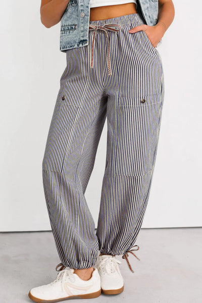 Women's Striped High-Waist Drawstring Utility Jogger Pants