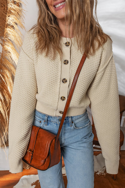 Stylish Women's Beige Cropped Cardigan Sweater - Cozy Button-Up Fit Perfect for Fall and Winter Layering