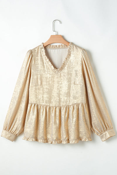 stylish women's gold metallic frilled v-neck puff sleeve babydoll blouse for day or night fashion looks with practical styling and dependable
