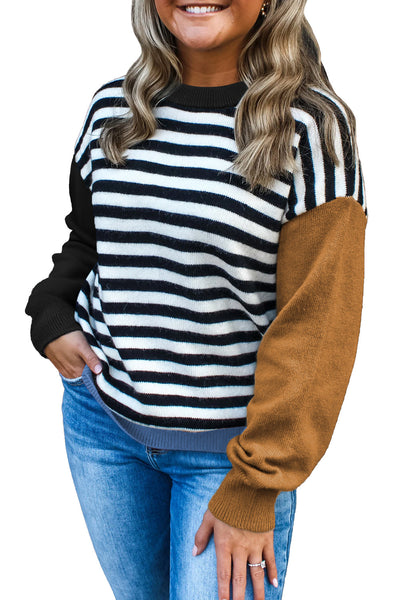 Trendy Women's Khaki Colorblock Sweater with Striped Sleeves for Stylish Fall Outfits and Cozy Comfort