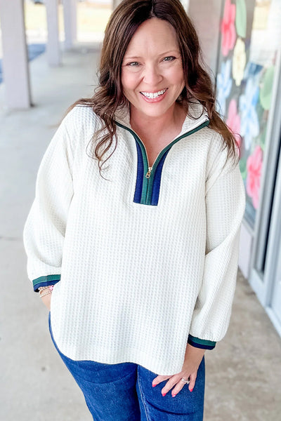 Women's Cozy White Waffle Texture Polo Neck Zip-Up Jumper with Contrast Details Trendy Casual Style for Every Season