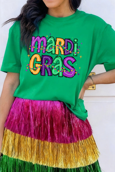 Women's Mardi Gras Festive Graphic Tee in Vibrant Green made for easy styling and wardrobe coordination, with premium-like structure and finish.