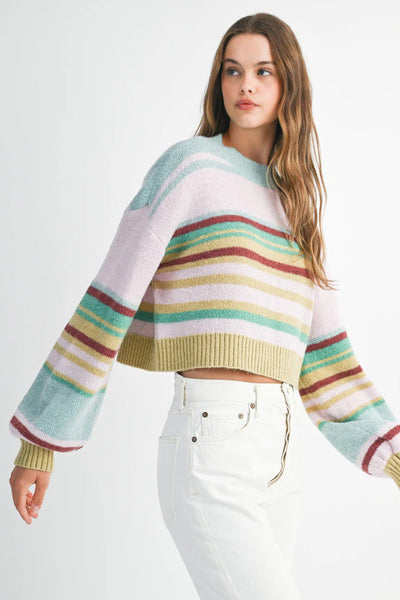 Cozy Women's Multicolor Striped Cropped Baggy Sweater with Ribbed Trim - Perfect Knit Top for Casual Chic Style