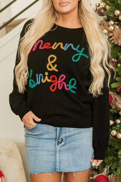 Women's Black Merry & Bright Tinsel Graphic Sweater - Colorful Holiday Style, Cozy Fit for Festive Cheer