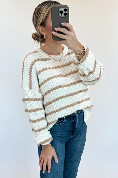 Women's Cozy Khaki Stripe Ribbed Knit Sweater - Relaxed Fit Drop Shoulder for Effortless Casual Chic