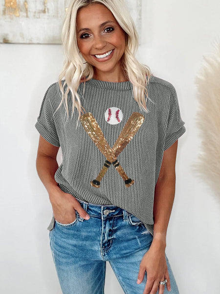 Sequin Embellished Grey Baseball Pattern Ribbed Knit Tee