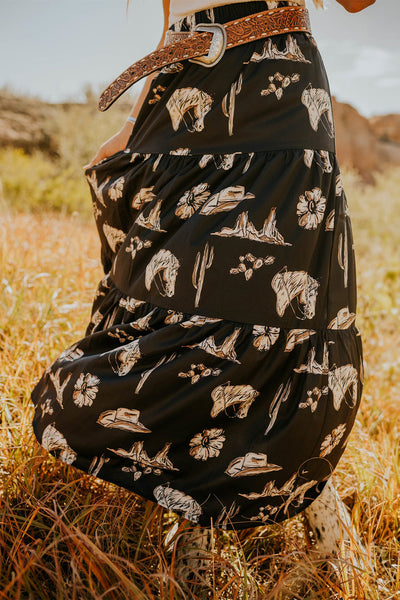 Women's Black Western Print Tiered Ruffled High Waist Maxi Skirt