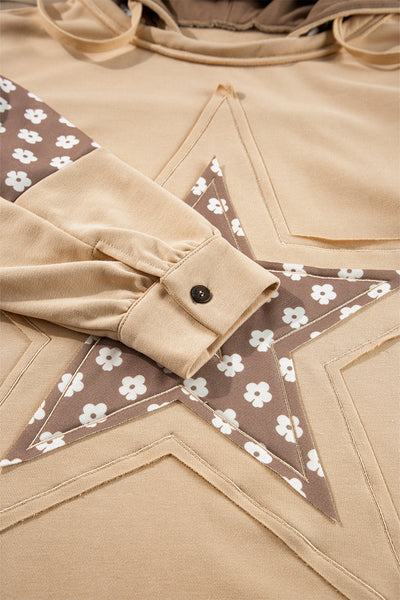 Women's Apricot Floral Patchwork Hoodie with Star Design and Adjustable Drawstring - Casual and Stylish Pullover