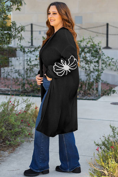 Chic Black Flower Embroidered Duster Cardigan for Women - Stylish Open Front, Drop Shoulder, Perfect for Layering