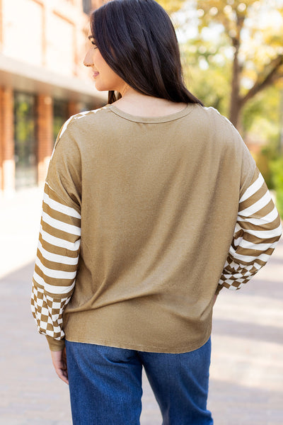 Trendy Women's Khaki Checkerboard Patchwork Blouse with Lantern Sleeves and Pockets for Effortless Style