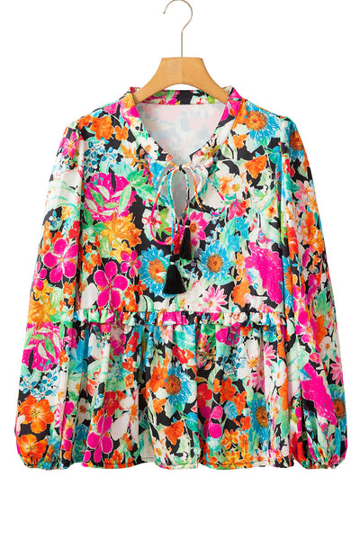 Chic Women's Multicolor Floral Ruffled Blouse with Bubble Sleeves and V-Neck for Effortless Everyday Style