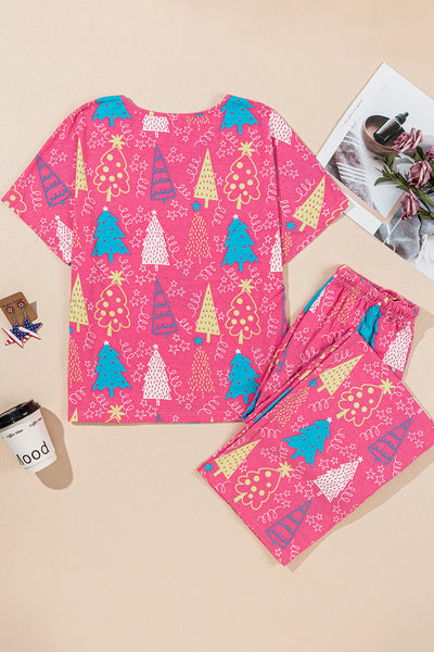 Women's Rose Christmas Tree Print V-Neck Lounge Set