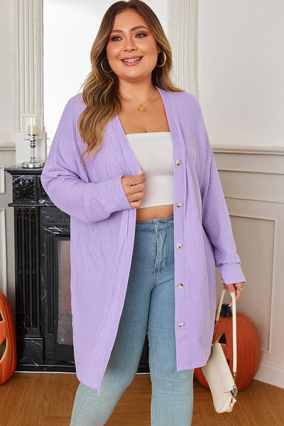 Plus Size Women's Cozy Orchid Petal Waffle Knit Cardigan - Stylish Button Front Layer for Effortless Comfort