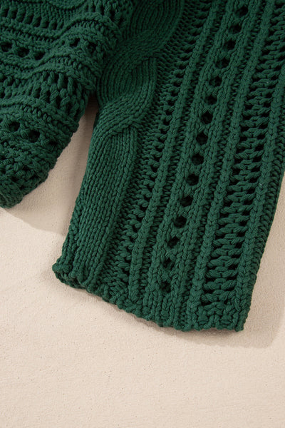 Chic Women's Blackish Green Cropped Cable Knit Sweater with Stylish Hollow-Out Design for Trendy Outfits