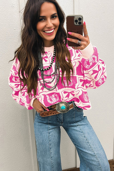 Trendy Women's Pink Western Print Sweater with Bows & Horseshoes - Cozy Casual Chic Fashion for Effortless Style