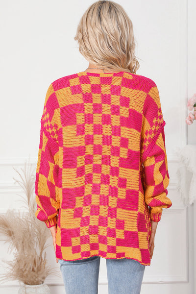 Cozy Women's Multicolor Checkered Knit Cardigan - Stylish Open Front Layer for Every Occasion and Effortless Chic
