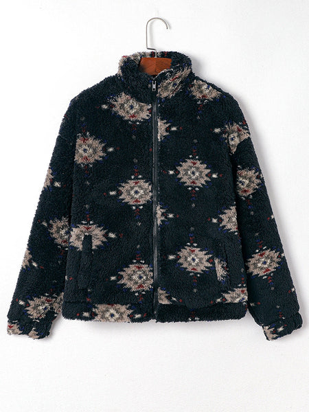 Western Black Aztec Sherpa Jacket with Zipper Collar